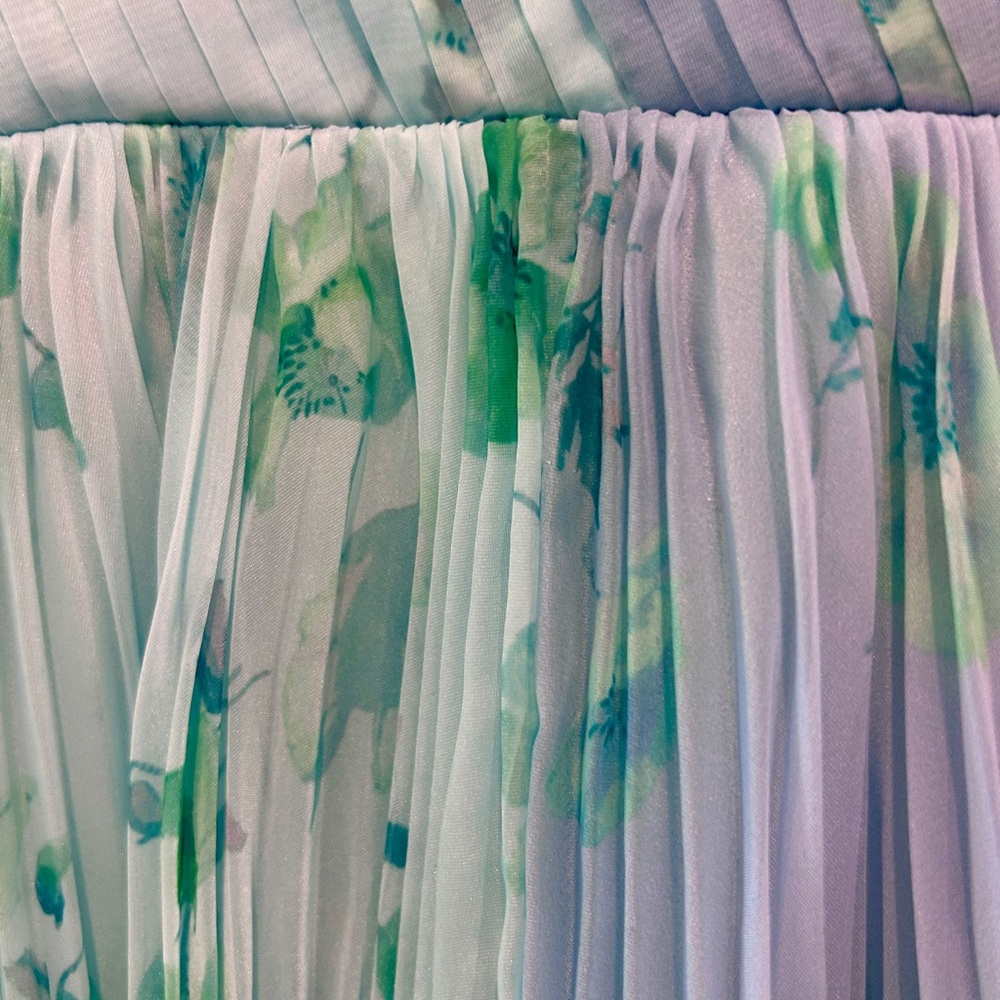 THEIA Pleated Chiffon Dress Blue Green Watercolor Halter Midi 4 Wedding Guest - Picture 9 of 15